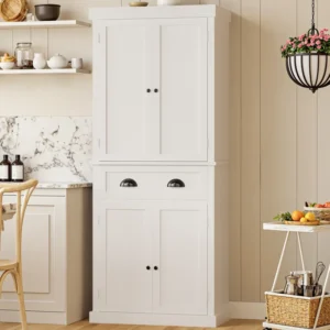 Tall Kitchen Pantry with 4 Doors and Large Drawer for Dining Room Living Room